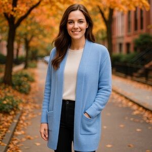 Halogen Wool Blend Open Front Cardigan Blue